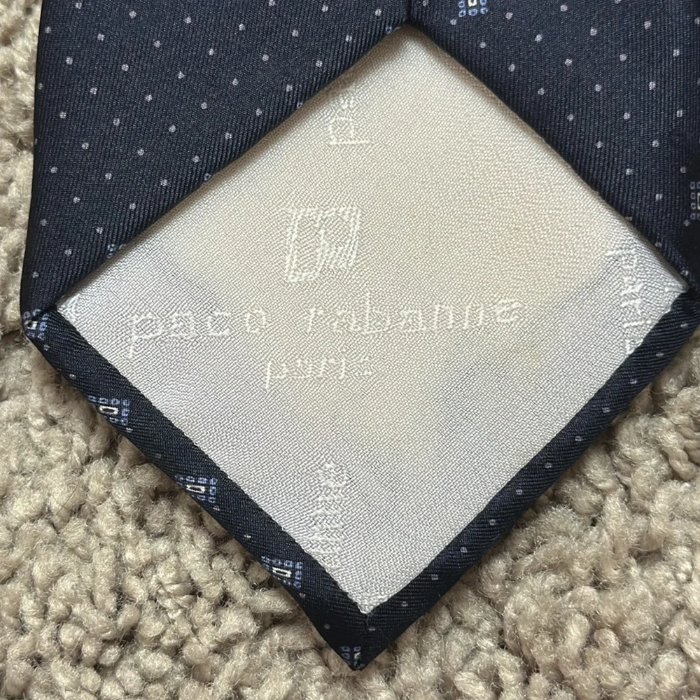PACO RABANNE Paris Men’s Silk Tie Navy Blue Made In Italy